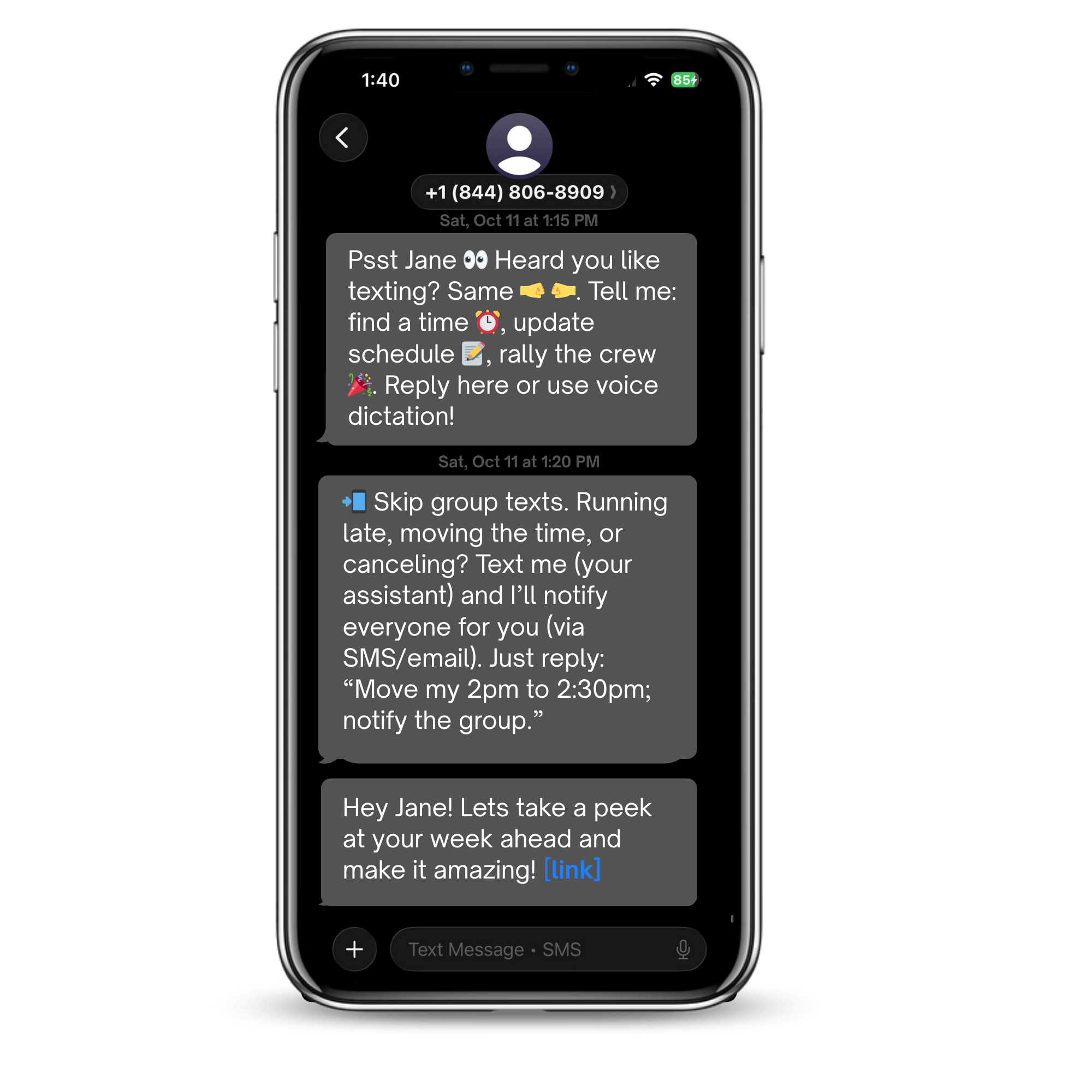 Busy Family.ai SMS interface showing personal assistant conversation